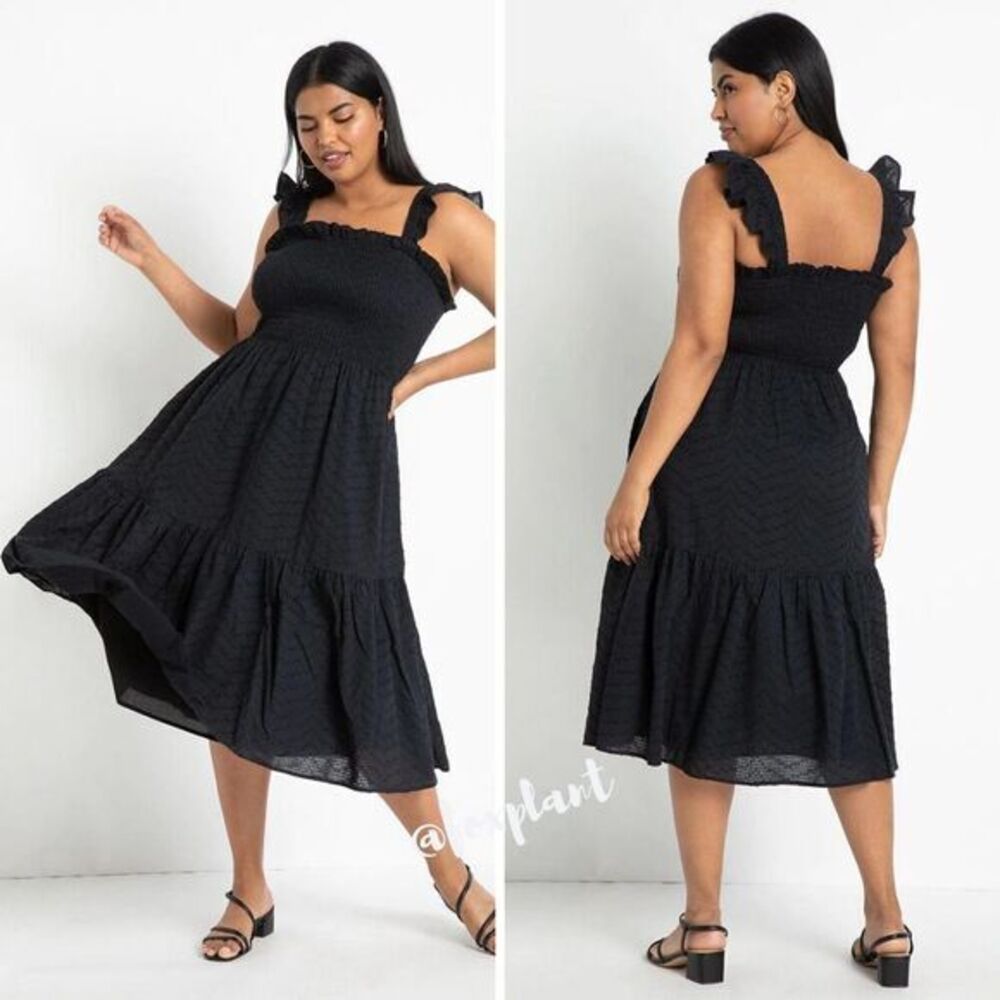 NEW Eloquii 100% cotton black Smocked‎ Bodice Ruffle midi Dress, 22/24